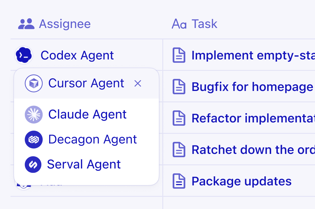 Notion-database med en liste over opgaver, og én opgave, der tildeles en ekstern kodningsagent.