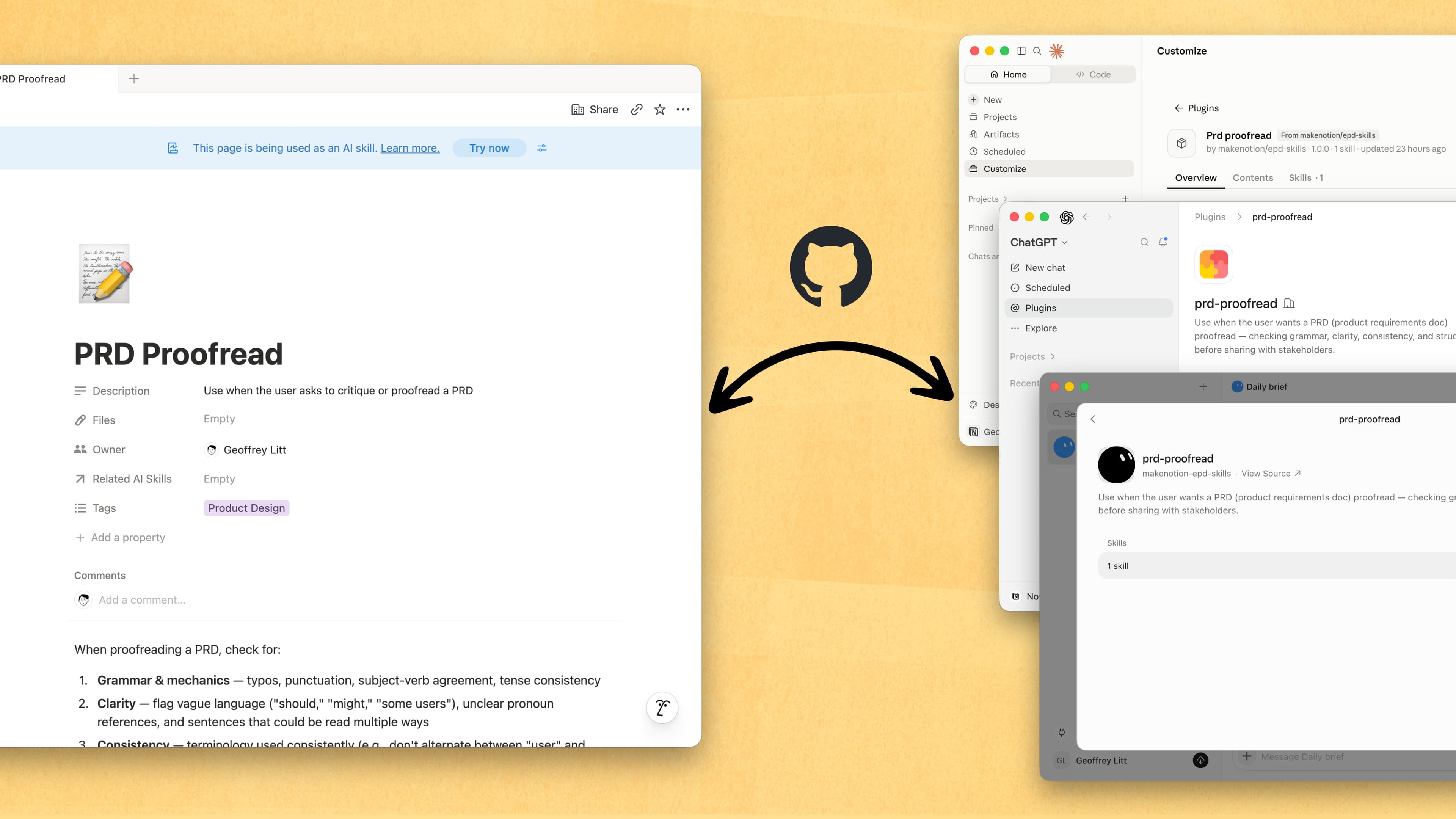 On a yellow background, screenshots of Notion and several coding agents connected by an arrow, with the GitHub logo