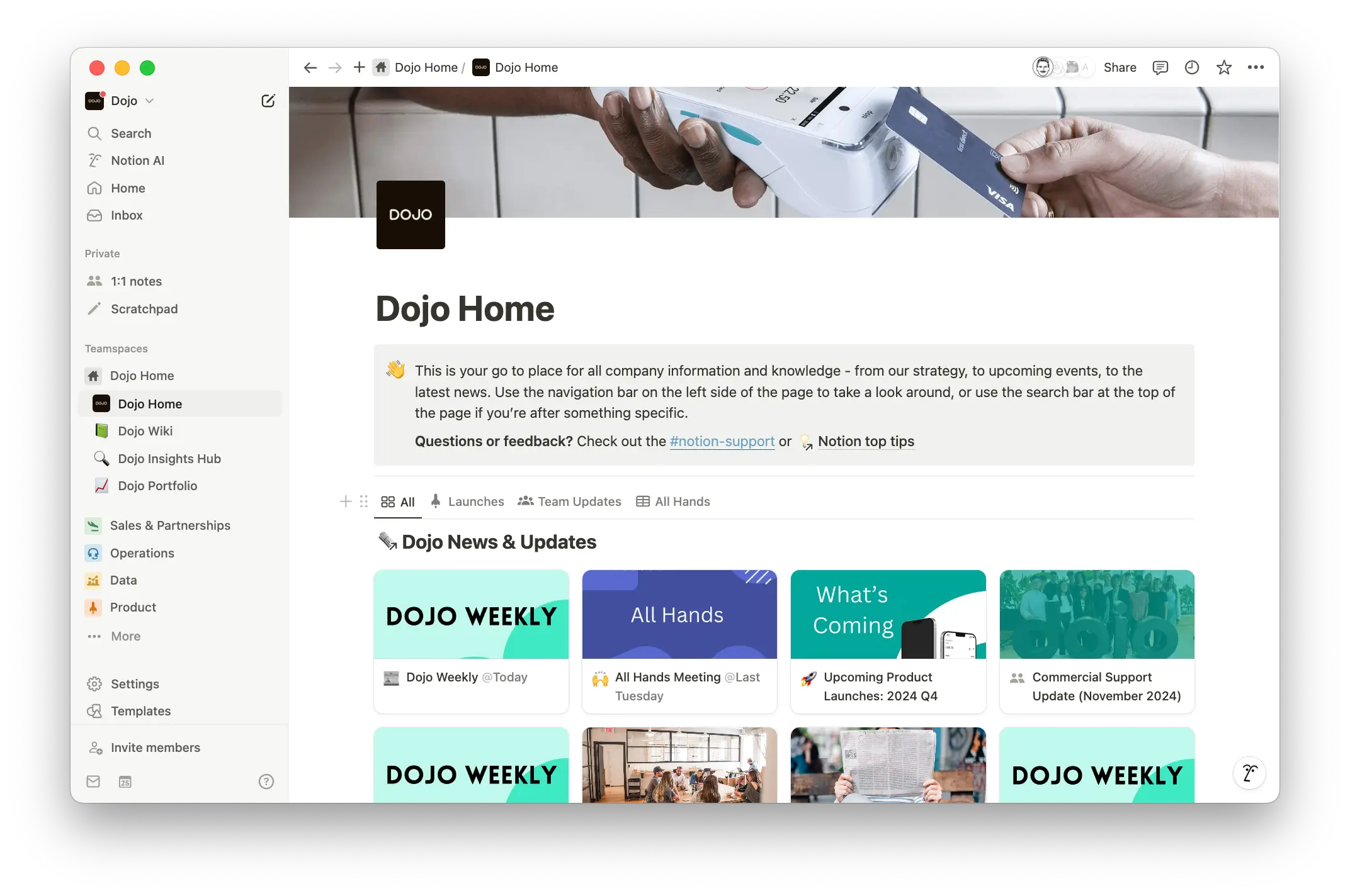 Ved å publisere ukentlige nyhetsbrev og bedriftsoppdateringer direkte i Notion, forbedret Dojo effektiviteten i den interne kommunikasjonen – noe som resulterte i betydelig høyere lesertall og vedvarende engasjement i deres samlede arbeidsområde.