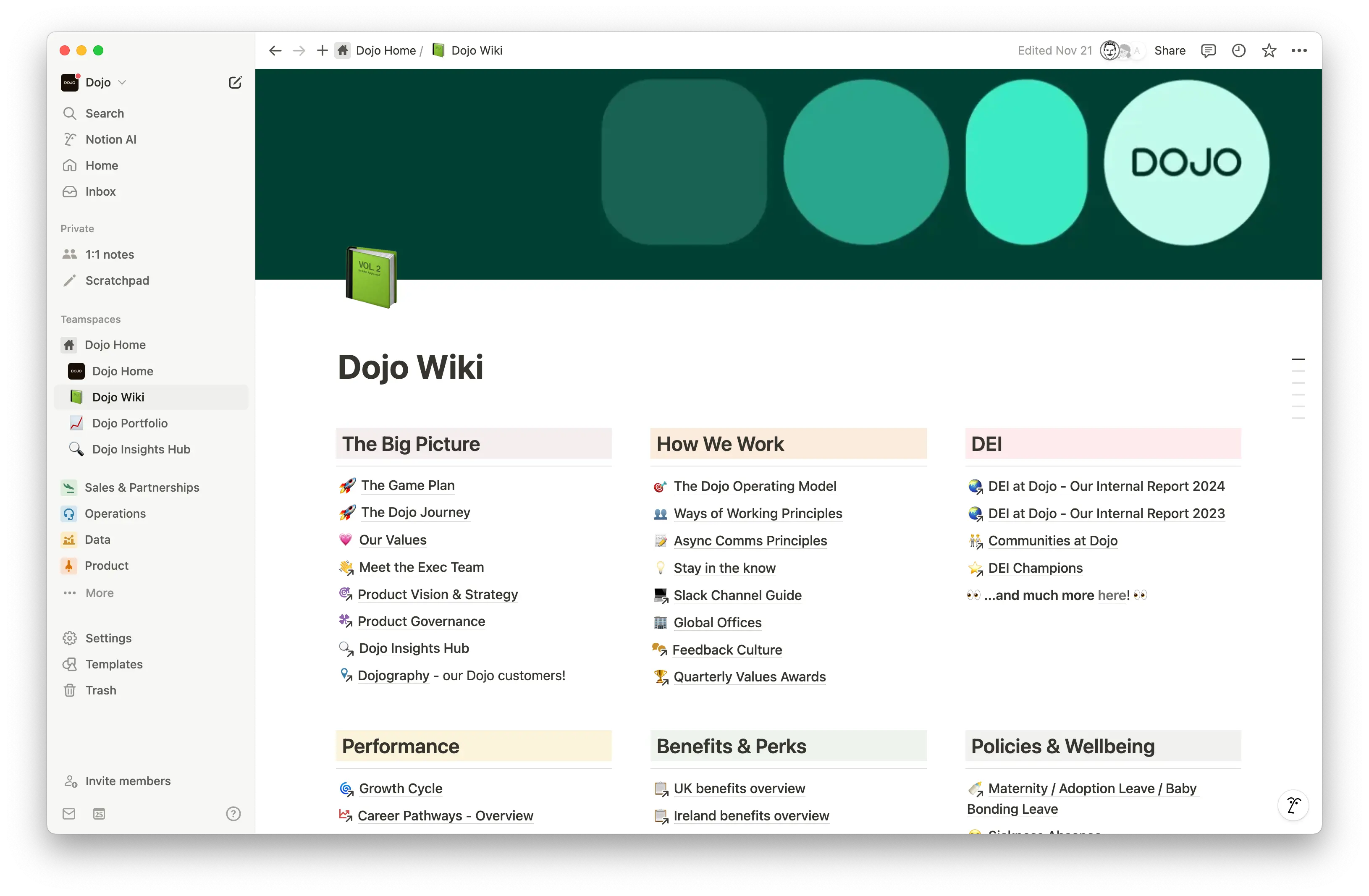 Dojos wiki i Notion fungerer som deres sentrale kunnskapssenter, der teamene enkelt kan finne, oppdatere og dele viktig bedriftsinformasjon – og erstatter dermed det statiske intranettet med et dynamisk, søkbart arbeidsområde.