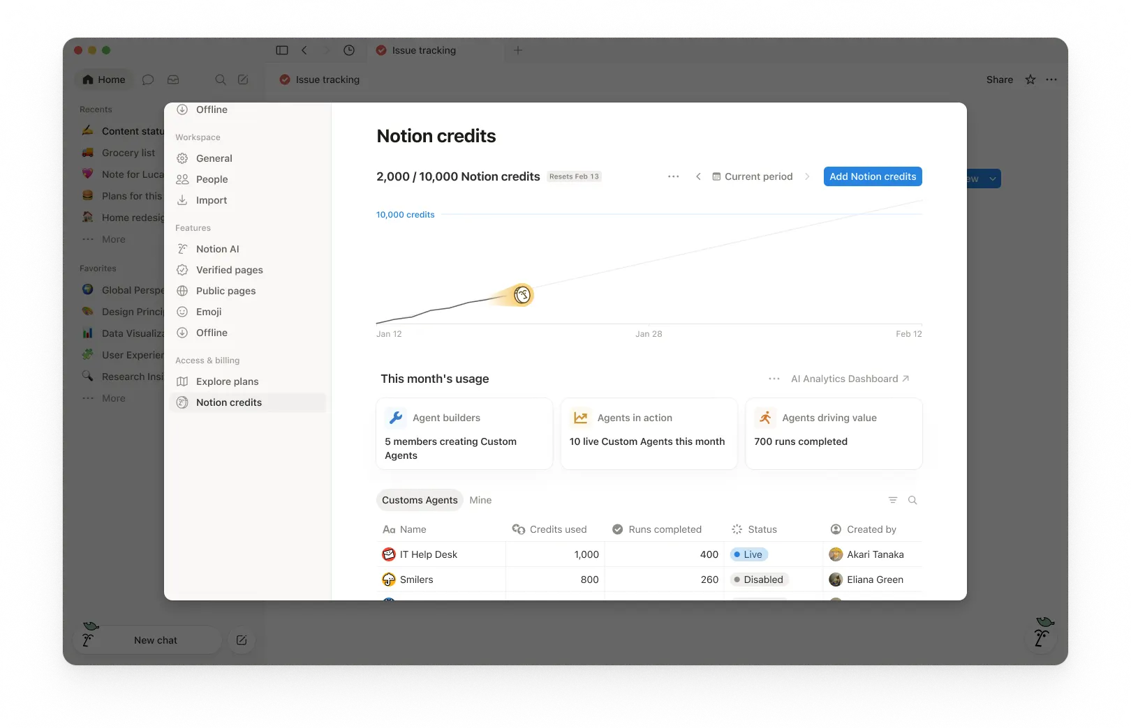 CA: Panel de control de créditos de Notion