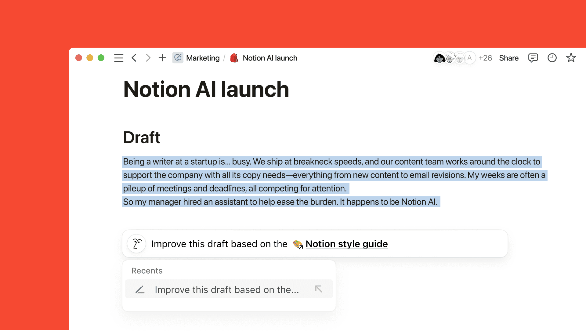 La IA de Notion, mi editor personal, me ayuda a corregir las erratas y me da su opinión sobre la estructura y la fluidez del texto.