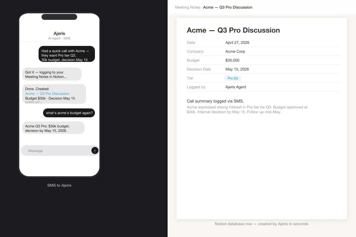 Run your Notion workspace from SMS, Whatsapp, Telegram. Log meeting notes, query CRM databases, append to your brain dump all from your phone.